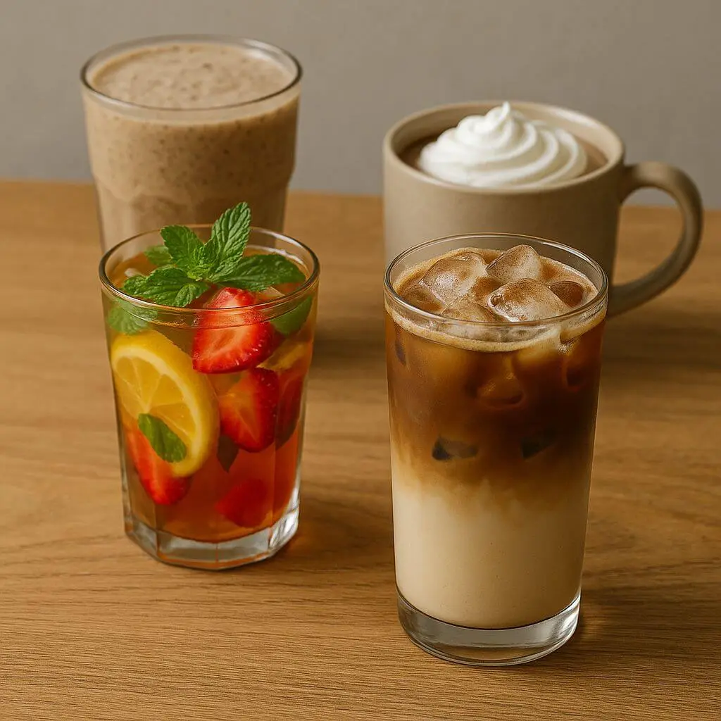 Bebidas refrescantes em mesa de madeira