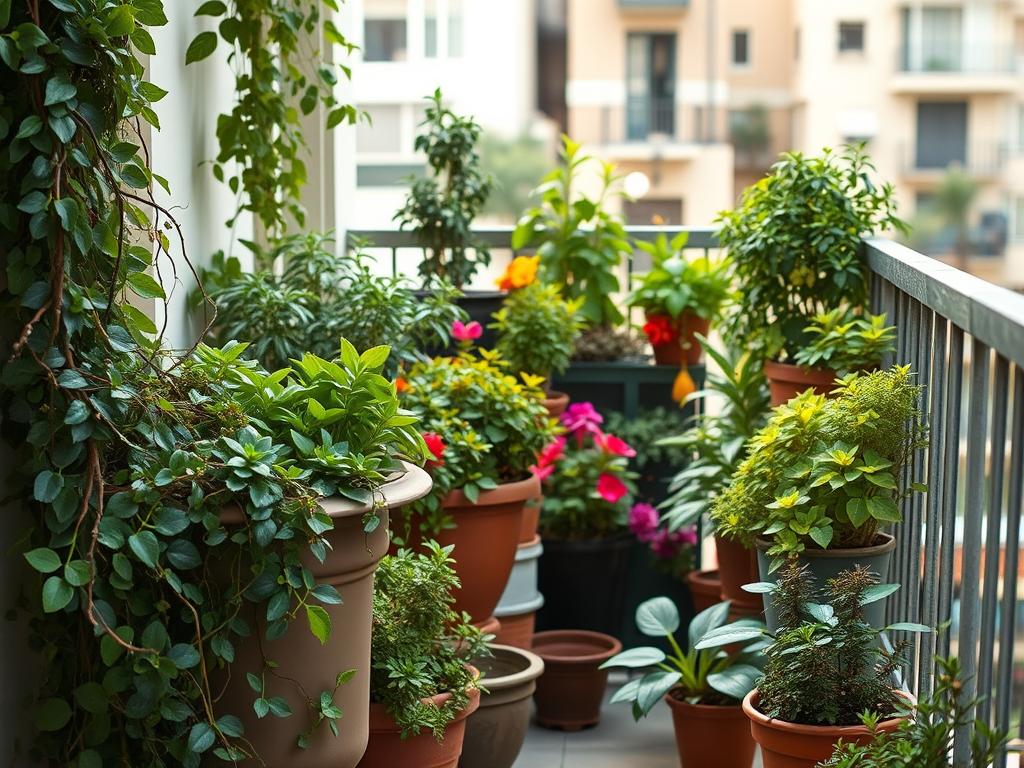 A cozy urban balcony filled with a lush array of potted plants, strategically arranged to maximize the limited space. In the foreground, cascading vines and trailing succulents spill over the edges of elegant planters, creating a vibrant and textured display. In the middle ground, compact, bushy herbs and flowering annuals nestle together, their vibrant hues and varied foliage adding depth and visual interest. The background features taller, upright plants like dwarf citrus trees or compact palms, providing a sense of structure and height to the composition. Soft, diffused natural light filters through the scene, casting warm, gentle shadows and highlighting the verdant greenery. The overall mood is one of tranquility, as the carefully curated plants create a peaceful, intimate oasis within the confines of a small urban balcony. Uma aconchegante varanda urbana repleta de uma exuberante variedade de plantas em vasos, estrategicamente dispostas para maximizar o espaço limitado.