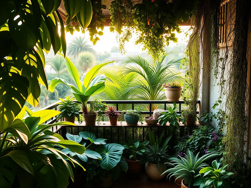 A lush, shaded balcony overflowing with thriving houseplants in various shades of green. In the foreground, large-leafed tropical plants like philodendrons and monstera deliciosa cascade gracefully, casting soft shadows across the scene. In the middle ground, clusters of smaller, drought-tolerant succulents and ferns nestle in decorative planters. The background features tall, slender palms and trailing vines that create a verdant, jungle-like atmosphere. Warm, diffused natural light filters through the overhead canopy, illuminating the plants and casting a peaceful, serene ambiance. The overall composition conveys a tranquil, low-maintenance oasis perfect for a shaded urban balcony. Uma varanda exuberante e sombreada, repleta de plantas de interior em vários tons de verde.
