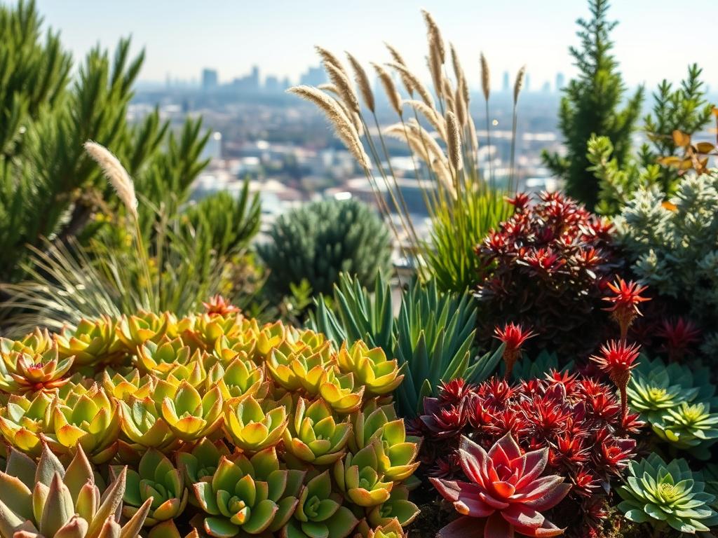 A lush, vibrant display of resilient plants thriving on a sun-drenched balcony. In the foreground, an array of drought-tolerant succulents in varying hues of green, purple, and red, their fleshy leaves glistening in the warm light. Behind them, a cluster of hardy, low-maintenance ornamental grasses sway gently in the breeze, their delicate plumes adding texture and movement. In the middle ground, a selection of robust, evergreen shrubs and small trees, their foliage ranging from deep emerald to silvery-gray, providing a sturdy, reliable backdrop. In the distance, the panoramic city skyline frames the scene, hinting at the sheltered, urban oasis of this resilient balcony garden. Uma exibição exuberante e vibrante de plantas resilientes prosperando em uma varanda ensolarada.