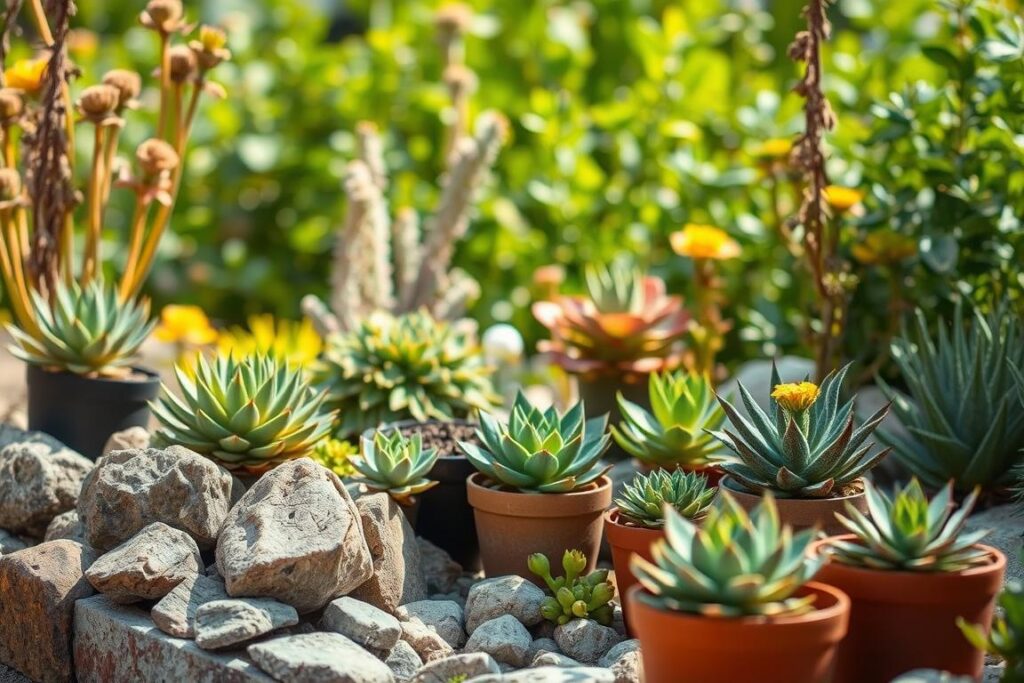 jardim pequeno com pedras e suculentas plantas de baixa manutenção